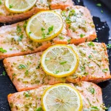 Oven Baked Salmon garnished with lemon slices