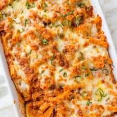 Baked ziti in casserole dish