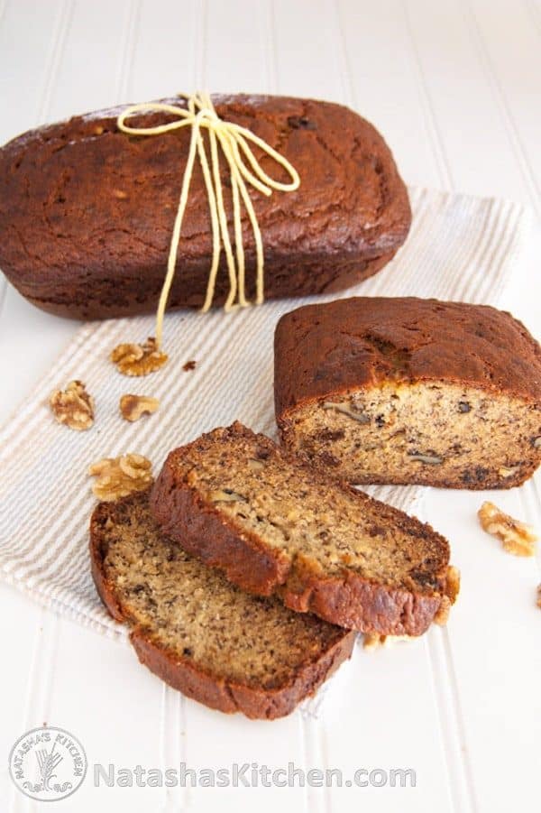 Moist banana nut bread on kitchen towel