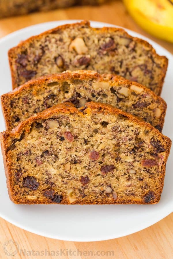 Slices of banana nut bread on a plate