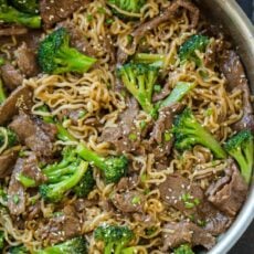 Beef broccoli ramen stir fry in saucepan