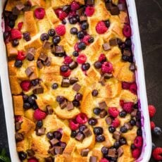 Brioche bread pudding in casserole dish