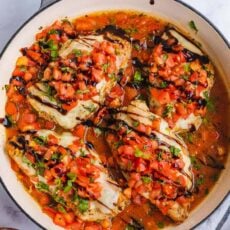 Bruschetta chicken in skillet