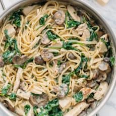 Chicken Florentine Pasta in a light creamy sauce. Easy 30-minute weeknight meal. Also, this chicken florentine pasta reheats beautifully - creamy as ever!