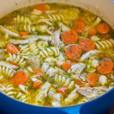 Chicken Noodle Soup in a blue pot