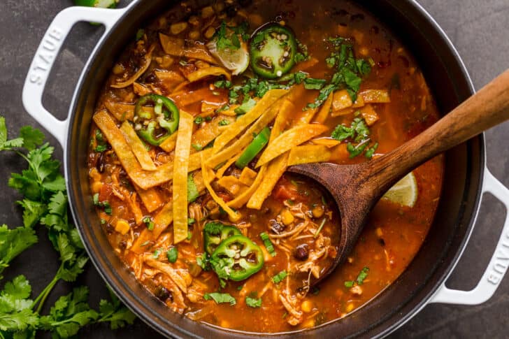 Tortilla soup in pot ready to store in the fridge or freezer