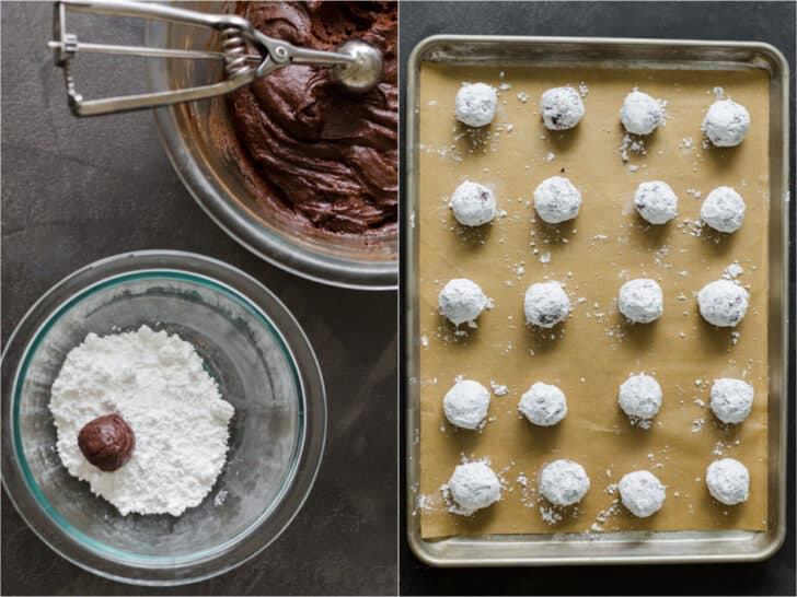 Chocolate crinkle cookie dough coated in powdered sugar