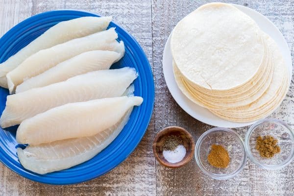 Two photos one of tilapia fillets and one of taco shells and seasoning in little bowls 