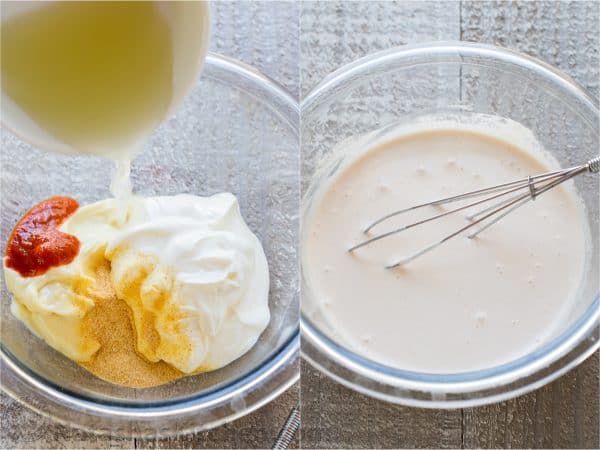 Two photos of bowls of fish taco sauce 