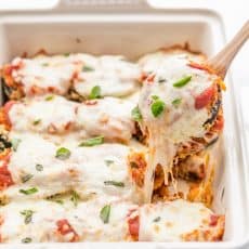 Baked Eggplant Parmesan: crisp eggplant layered with marinara and plenty of melted cheese