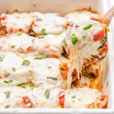 Baked Eggplant Parmesan: crisp eggplant layered with marinara and plenty of melted cheese