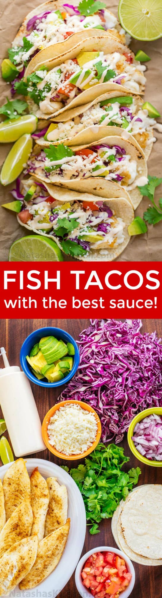 Our go-to fish tacos recipe for entertaining! Easy, excellent fish tacos with the best fish taco sauce; an irresistible lime crema! | natashaskitchen.com