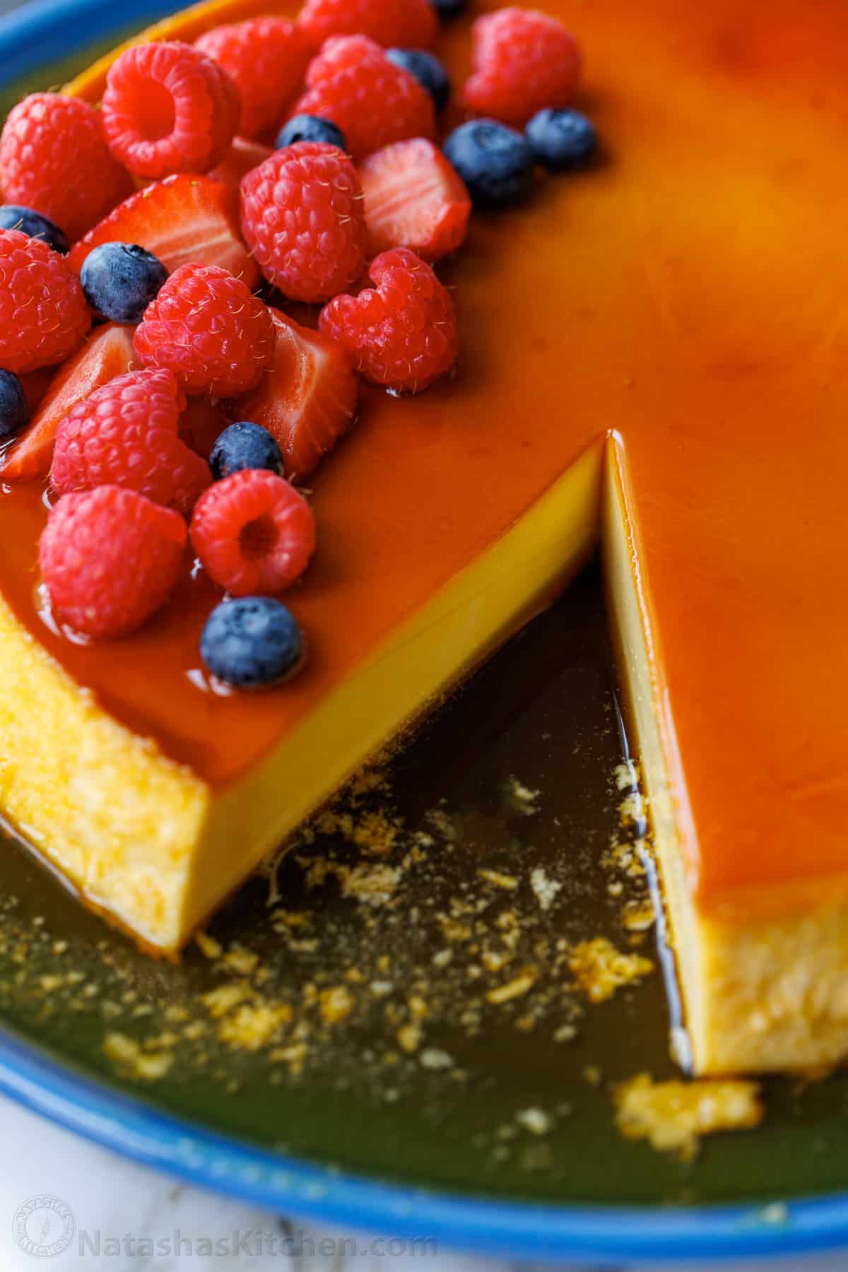 Flan dessert with slice cut away