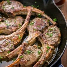 Lamb chops seared on a skillet