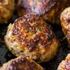 juicy pork and beef meatballs in pan