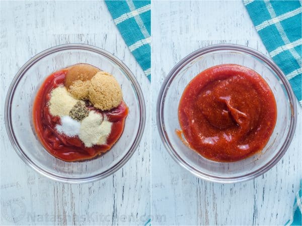 Step-by-step collage how to make the best sauce for a Meatloaf recipe. 