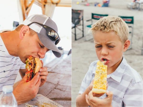 father and son eating food