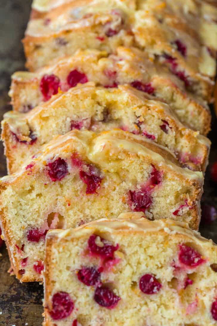 Close up slices of cranberry orange glazed bread