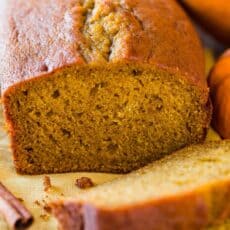 pumpkin bread sliced on a yellow napkin