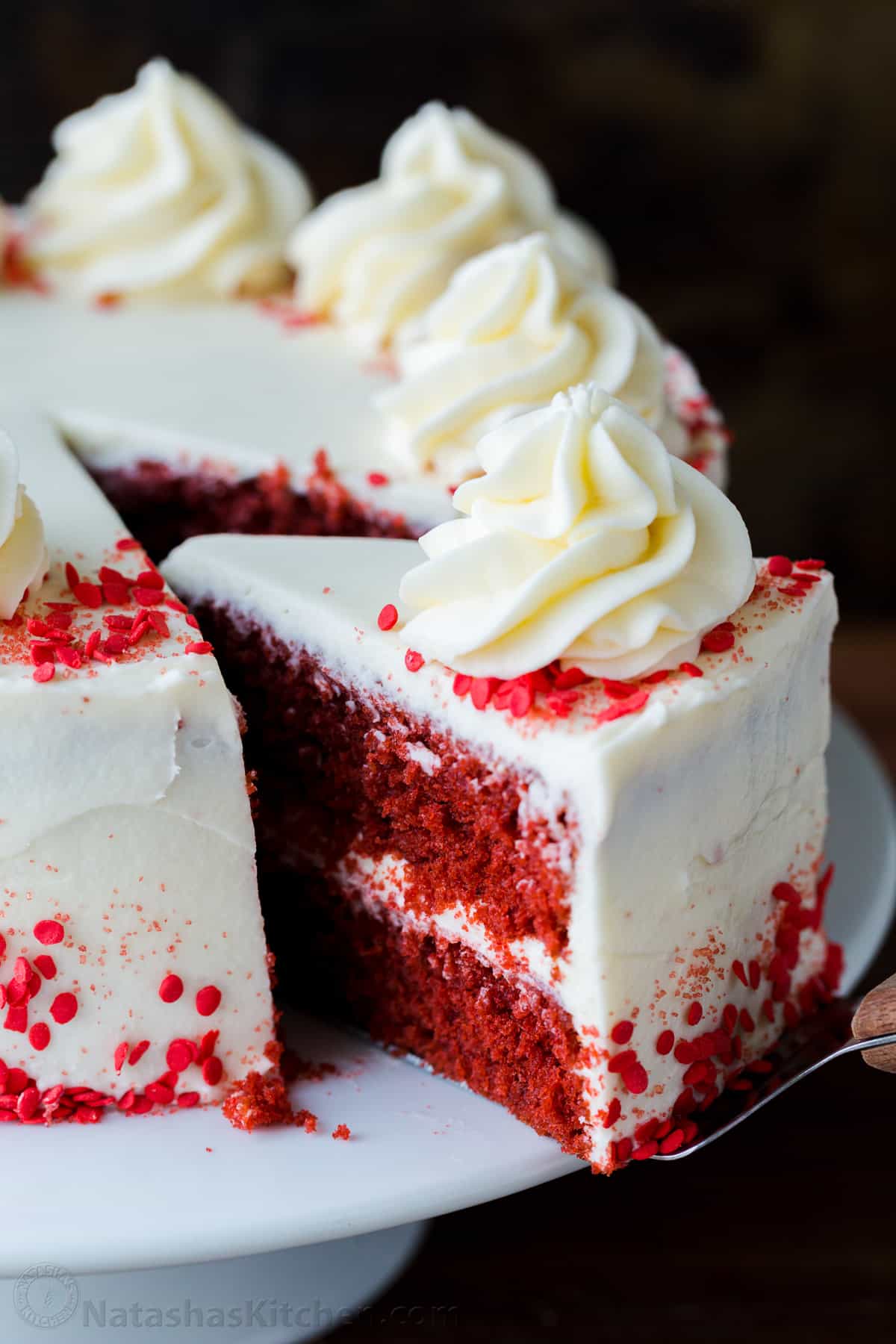 Red Velvet Cake slice pulled out of the cake