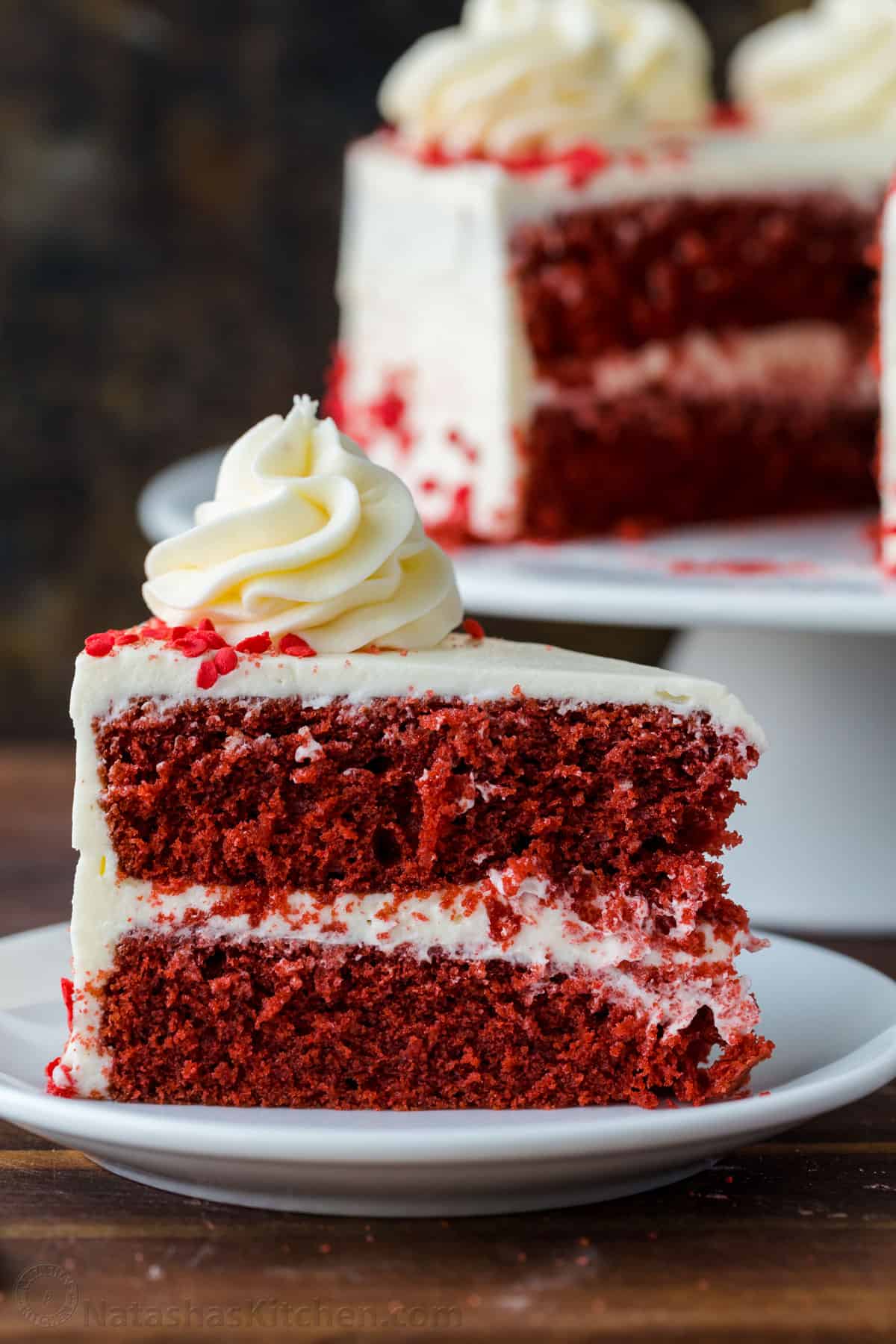 Slice of red velvet cake on a plate