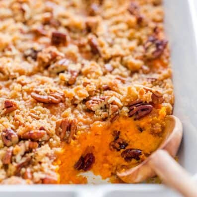 Sweet potato casserole recipe with serving spoon