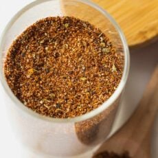 Overhead view of homemade taco seasoning in jar