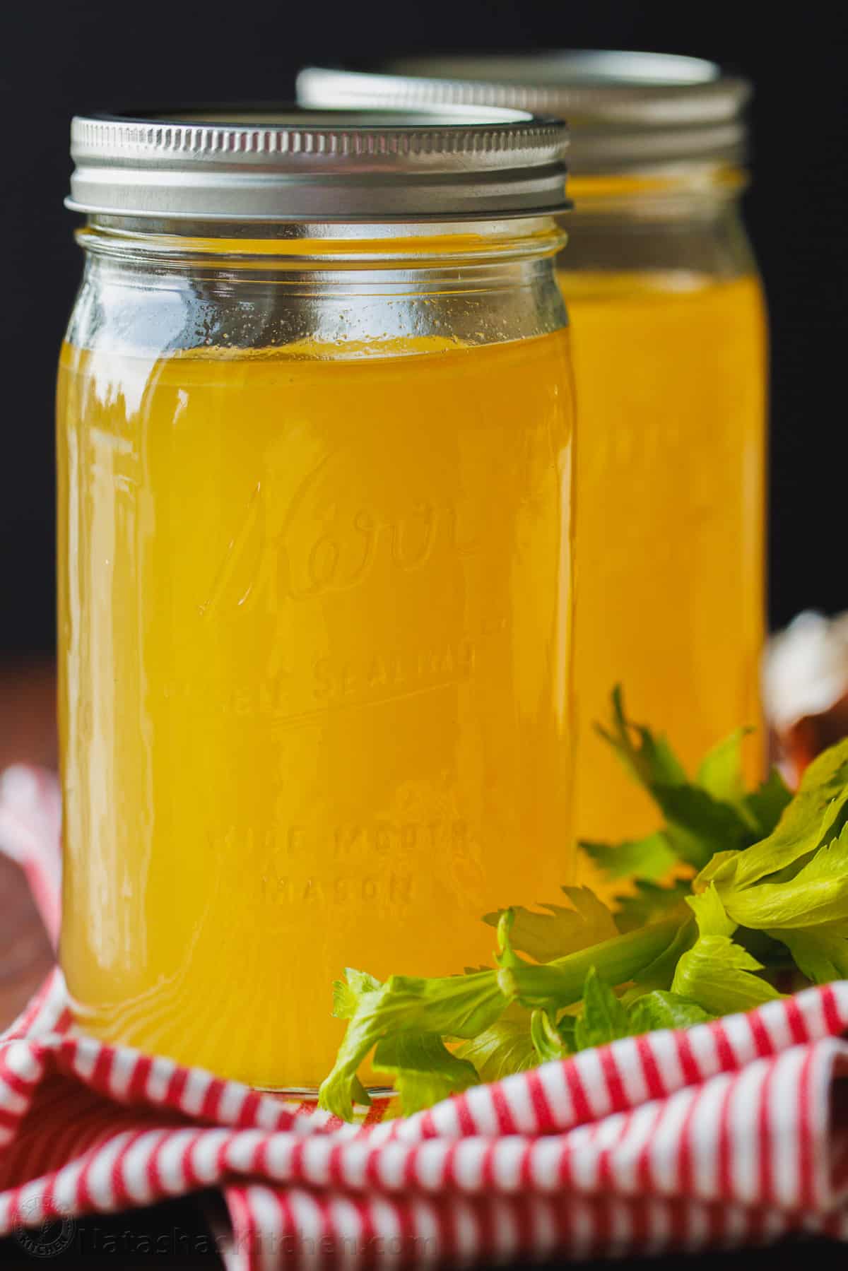 Homemade turkey broth in glass jars