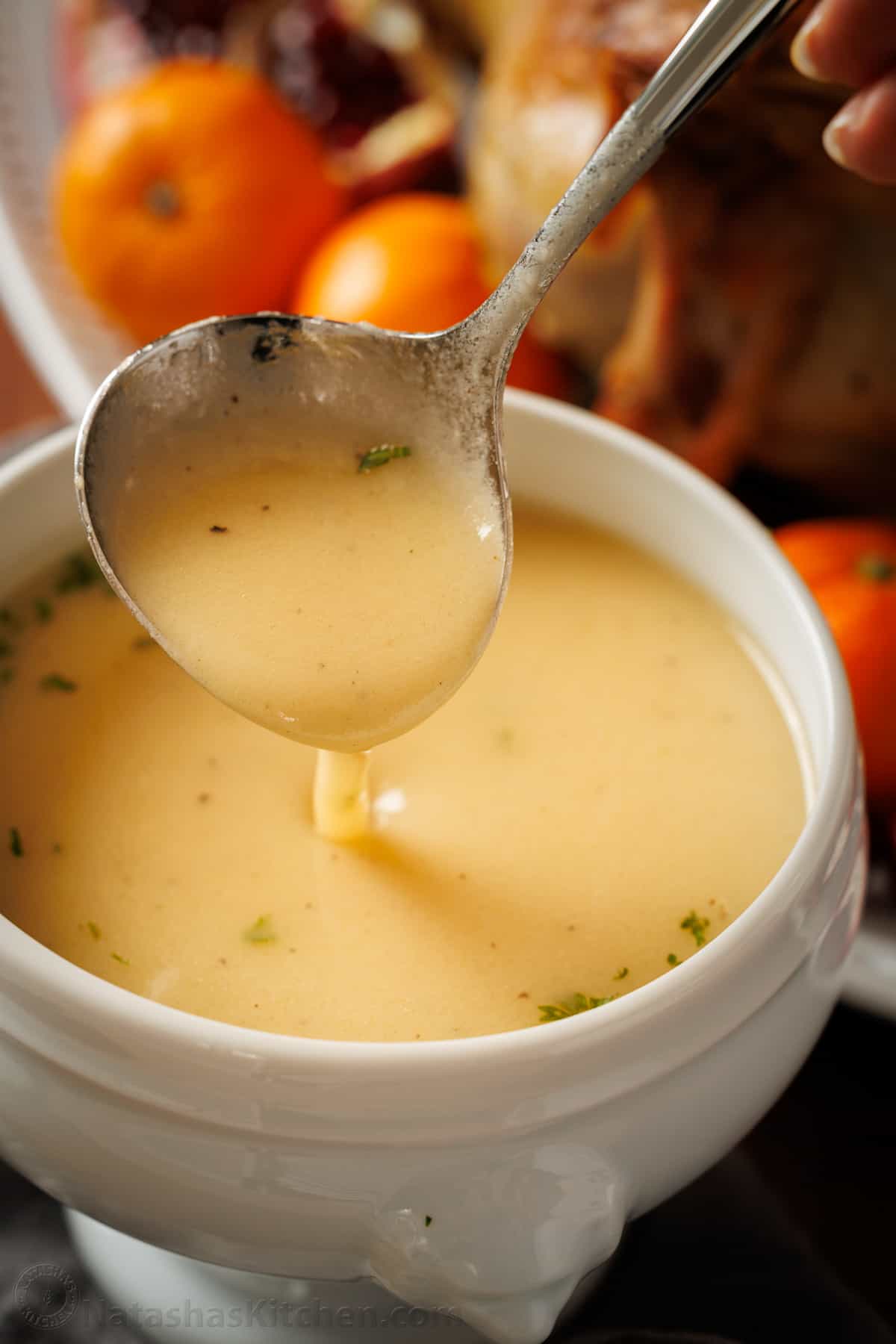 Thanksgiving turkey gravy recipe in a gravy dish with a ladle