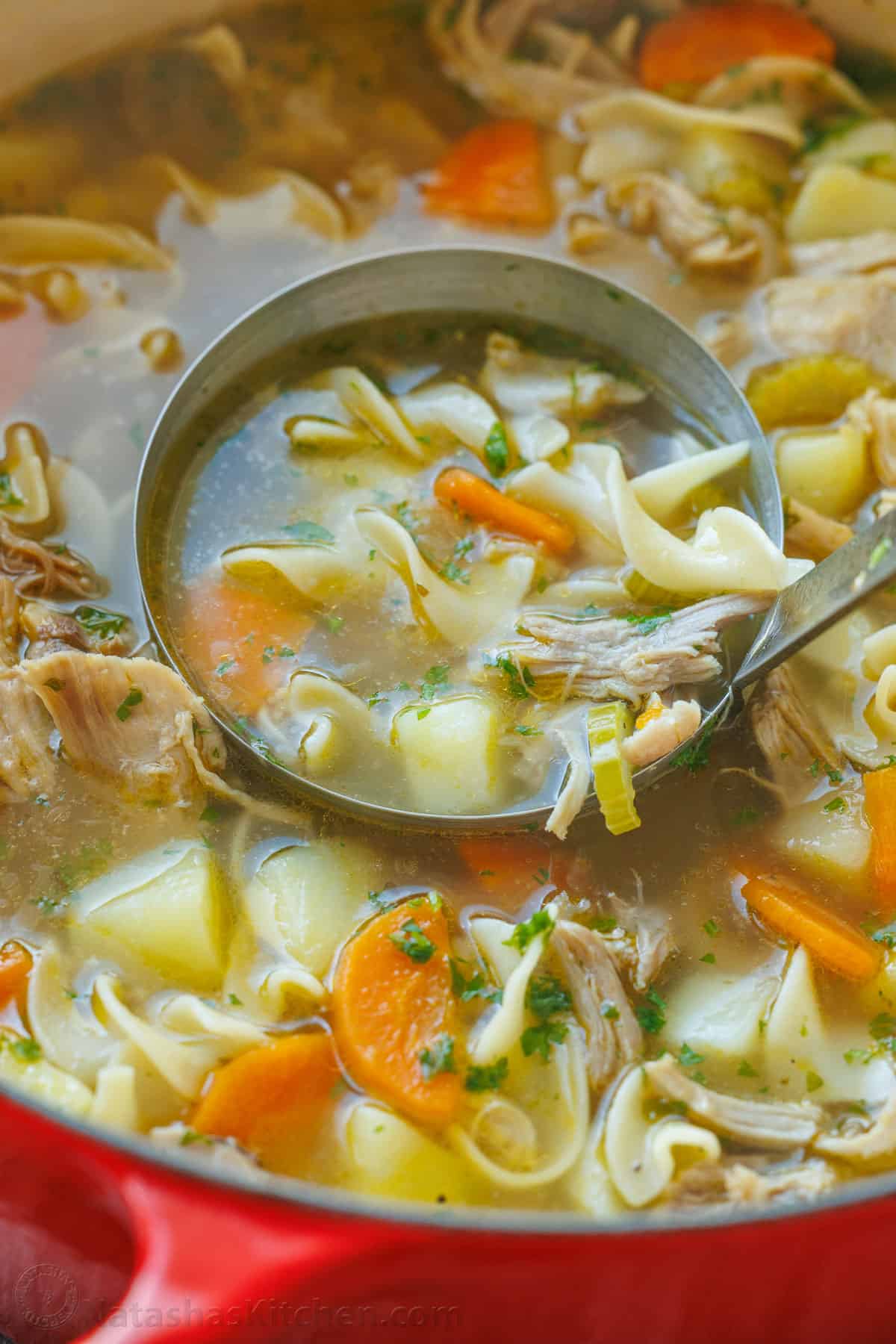 Hearty turkey noodle soup being scooped out of a pot with a large ladle